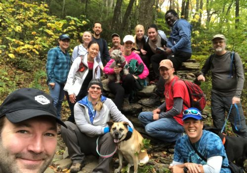 Faculty posing for a group picture in a forest.